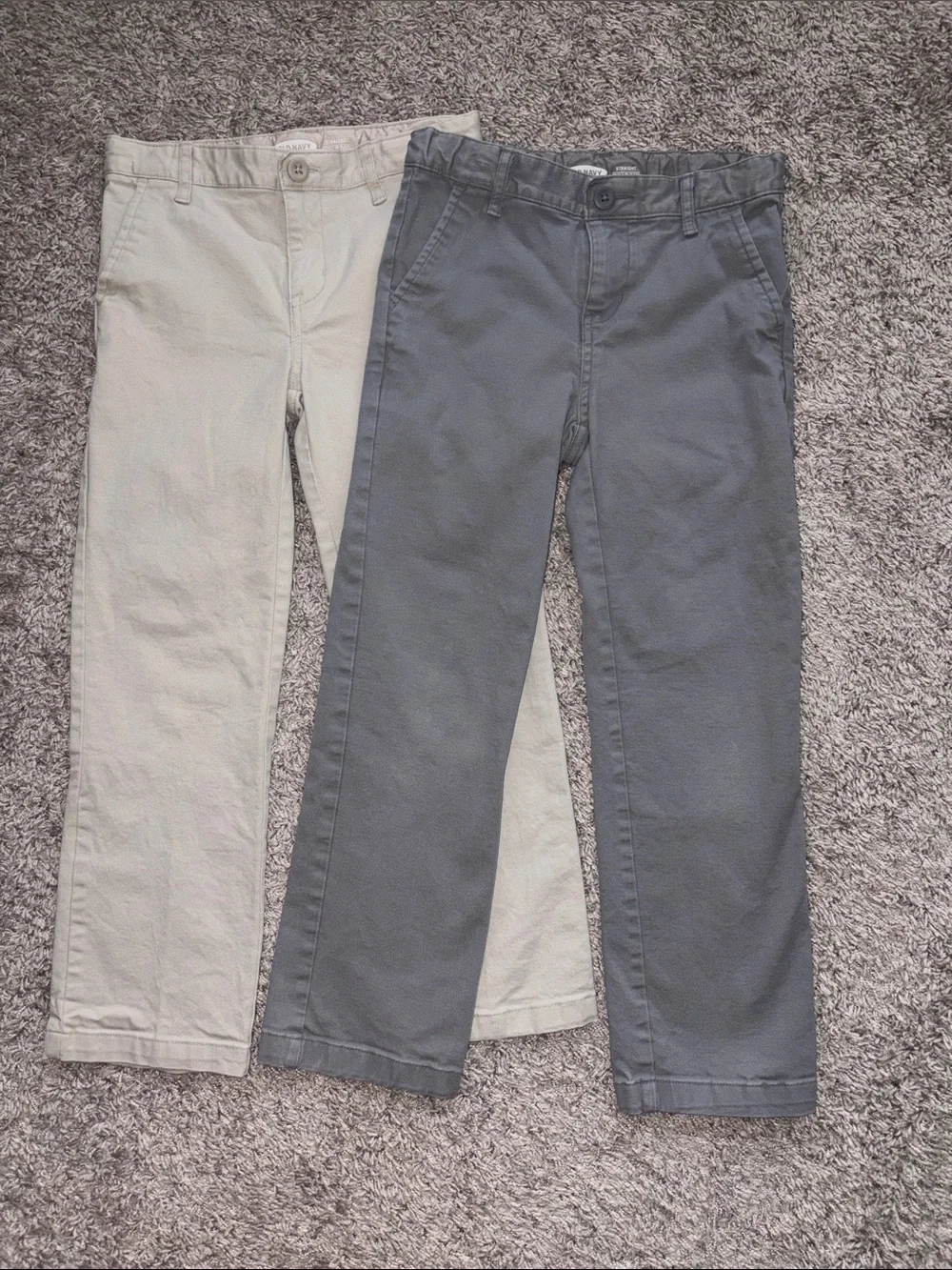 Old Navy Kids Chino Pants in Gray and Khaki. Straight leg. Built in flex.